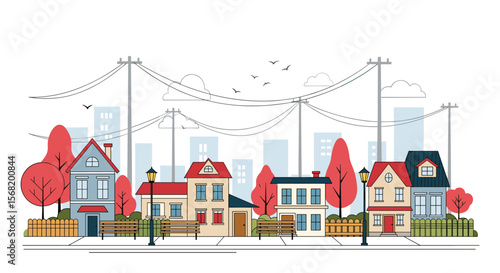 Charming Pixelated Suburban Street Scene with Colorful Houses and Trees on a Bright Day