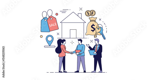 Real Estate Transaction Between Buyer Seller and Agent with House and Money Symbols