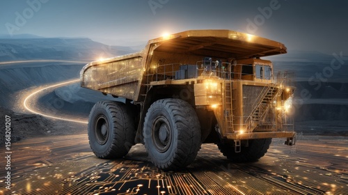 Golden mining truck in a coal mine