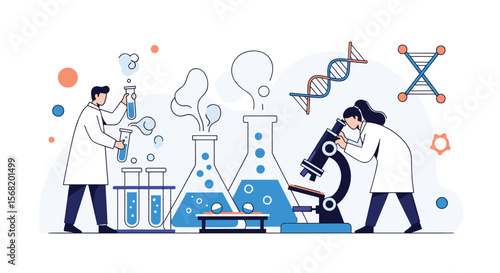 Scientists Conducting Scientific Research and Experiments in a Modern Laboratory Setting with DNA Structures and Drones