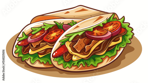 Juicy Doner Kebab slices, thinly shaved and stacked on warm pita, gleam with golden crispy edges under soft lighting on a white backdrop.