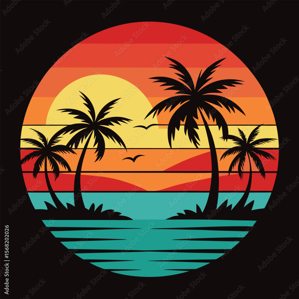 Obraz premium Circular Tropical Sunset Illustration