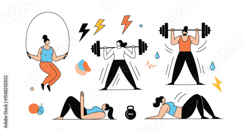 Diverse people engaged in various fitness activities and exercises in a modern illustration style
