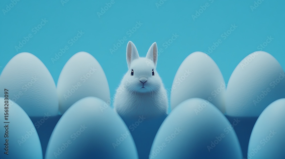 White rabbit nestled among pastel blue eggs. White rabbit nestled among pastel blue eggs.