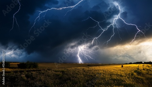 dramatic thunderstorm with dark clouds and vivid lightning illuminating the sky