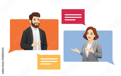 Business man and woman talking discussing about something together in speech bubbles. Isolated vector illustration