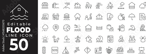 Editable stroke icon collection representing flood and water disaster concepts. Includes icons of rising water, flood barriers, warning signs, water rescue, emergency kits, damaged buildings