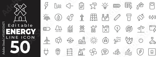 Editable stroke icon collection representing energy production, consumption, and sustainability. Includes icons of power plants, solar panels, wind turbines, battery, electricity