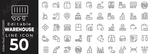Editable stroke icon collection representing warehouse operations and storage. Includes icons like storage racks, boxes, forklifts, pallets, inventory management, delivery trucks, barcode scanners