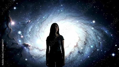 Woman in space, contemplating vast cosmos