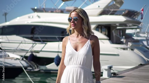 Woman in white dress, yacht background