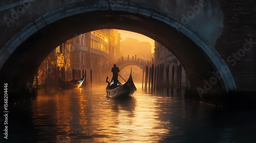Gondola on Venice Canal at Sunrise Golden Light