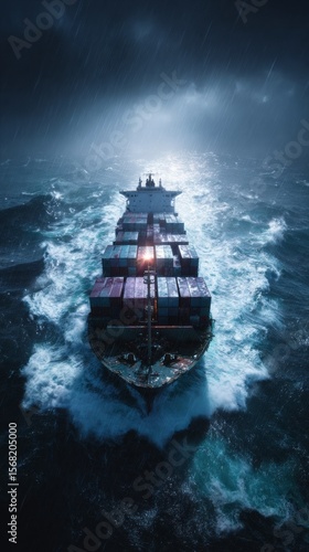 Ocean freight in Storm: A cargo ship navigates turbulent seas under a dark and moody sky, its silhouette cutting through towering waves, a testament to human endeavor. 