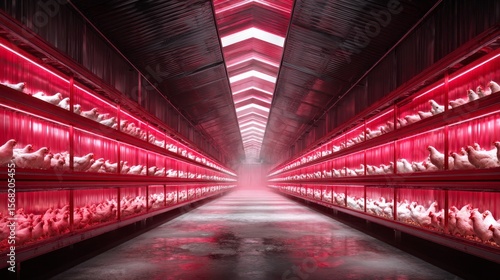 Automated Chicken Farming: A futuristic glimpse into efficient chicken farming, with rows of chickens illuminated by a striking red light, showcasing an innovative and modern approach.