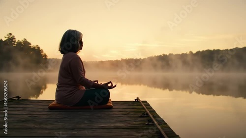 Woman meditating on a dock at sunrise