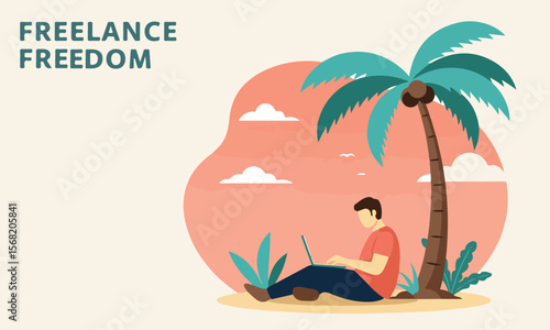 Freelancer under a palm tree with laptop, best for remote job articles, digital nomad lifestyle promotion, or travel work themes