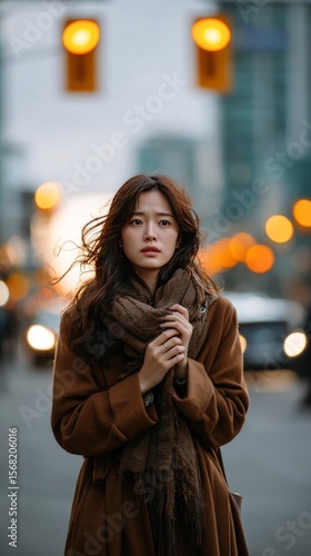 Winter's Embrace: A woman standing on a city street, with blurred bokeh effect, wrapped in a cozy scarf and coat. The scene is one of winter with a traffic lights.