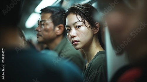 Reflective Journey on a Train: A young woman's introspective gaze pierces through a crowd within a train carriage, surrounded by other passengers.
