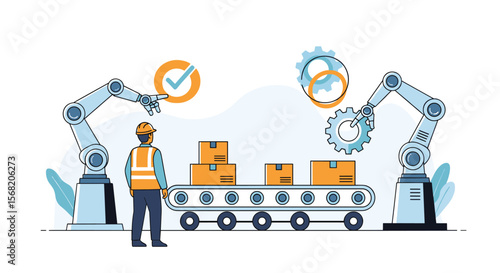 Automated Assembly Line with Robotic Arms and Factory Worker Oversight Illustration