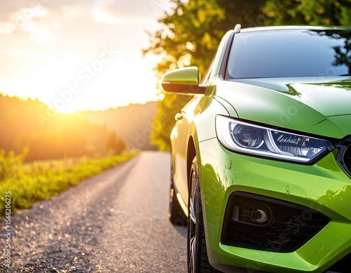 Green car on country road at sunset (1)