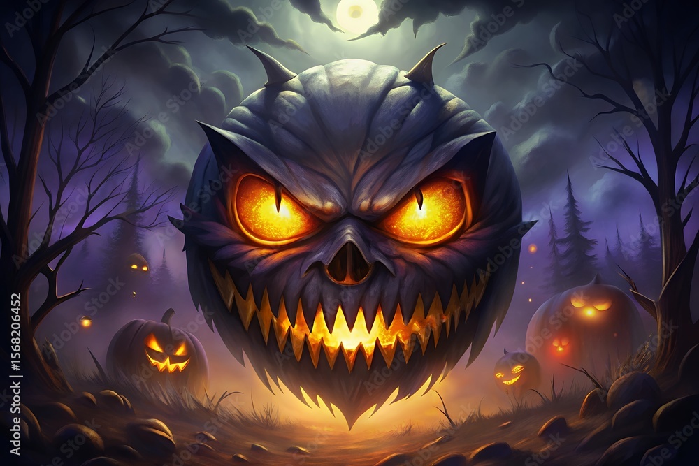 Fototapeta premium Glowing Eyes Halloween Wallpaper Spooky Jack-o'-lantern in Dark Forest