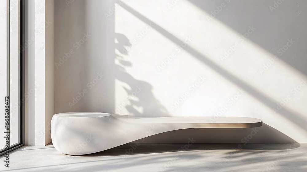 Fototapeta premium Minimalist white curved podium in bright room corner with sunray casting soft shadows on wall, creating calm and elegant atmosphere with smooth modern design