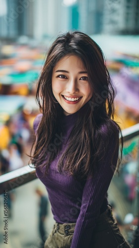 Serene Smile: A captivating portrait of a woman radiating joy, her face illuminated by a genuine smile, capturing a moment of natural beauty and infectious happiness.