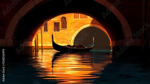 Gondola at Sunset Under Venetian Bridge