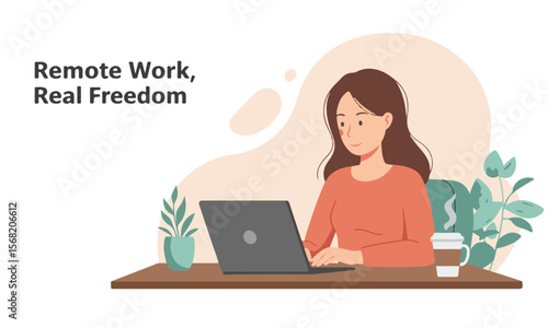Illustration of remote worker in a calm workspace, suitable for blog visuals, remote work apps, or digital marketing assets