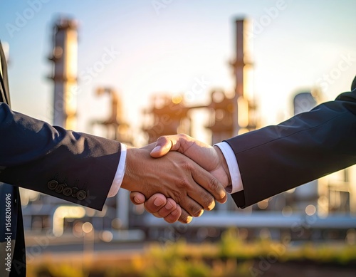 Business handshake in front of industrial plant