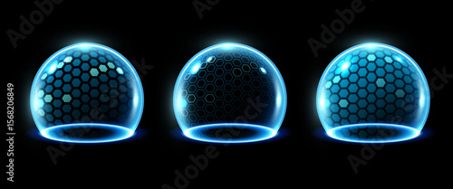 3D transparent sphere protection shield with hexagon pattern and neon glowing elements on dark background. Power energy barrier, force field, protection or defend concept.