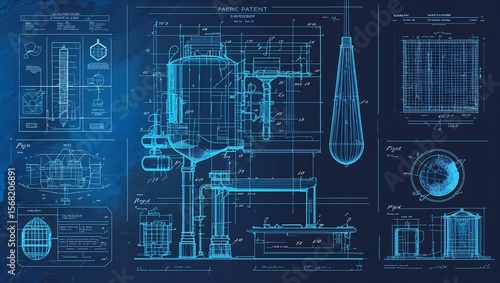 Glossy patent blueprint texture, technical vector background, cyanotype.