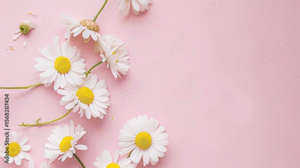Fototapeta premium Minimalist White Daisy Chamomile on Pale Pink Background: Petal Contrast, Soft Aesthetic, and Floral Design Harmony