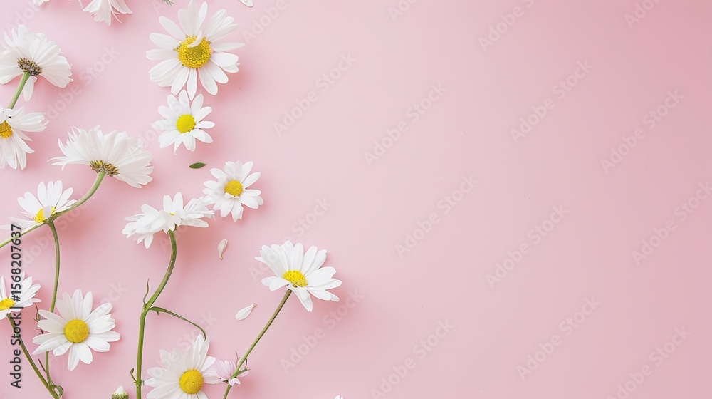 Naklejka premium Minimalist White Daisy Chamomile on Pale Pink Background: Petal Contrast, Soft Aesthetic, and Floral Design Harmony