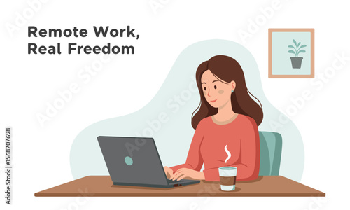 Woman enjoying remote work with coffee and laptop, great for marketing creative freelance services or digital products