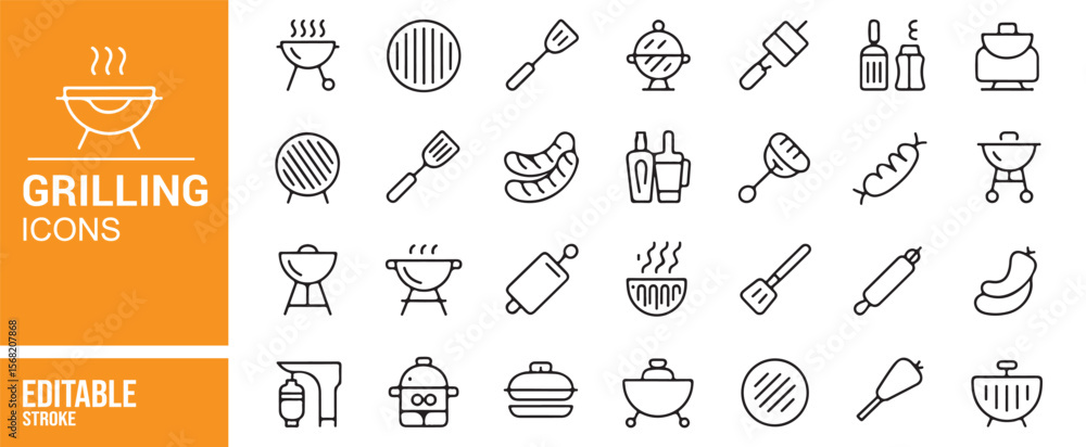 Naklejka premium Editable Grilling Icons for BBQ, Cooking, and Outdoor Food Preparation
