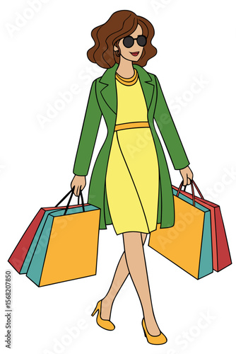 Stylish woman in a yellow dress and green coat happily shopping with colorful bags