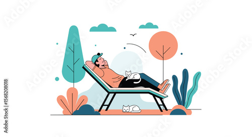 Relaxing Person Enjoying Summer Day Outdoors in Sun Lounge with Cat Companion and Greenery