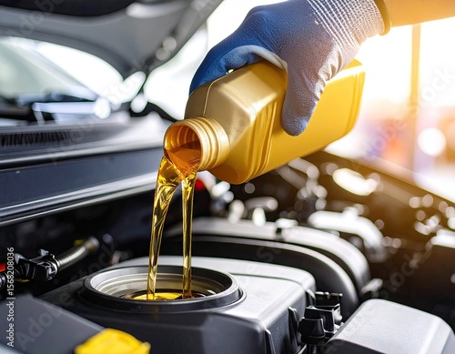 Engine oil being poured into car