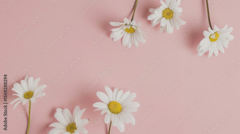 Fototapeta premium Minimalist White Daisy Chamomile on Pale Pink Background: Petal Contrast, Soft Aesthetic, and Floral Design Harmony