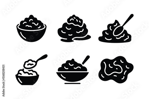 Mashed food in bowls and piles with spoons puree serving