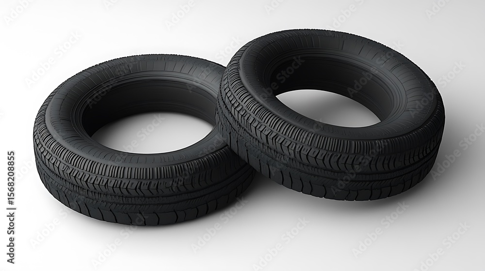 Two black tires resting on a light surface. Two black tires resting on a light surface.