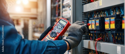 The electrician using a multimeter to check electrical circuits in a control panel.