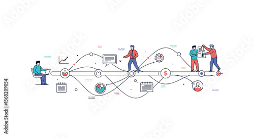 Visualizing a Business Process Flow with Connected Stages and Team Collaboration Efforts
