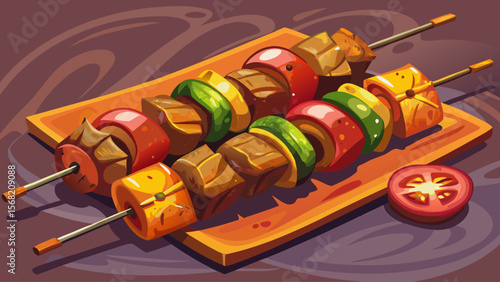 The classic Shashlik from Eastern Europe displays large skewered lamb cubes, slightly smoky and caramelized, with pieces of roasted pepper and onion.