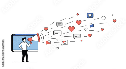 Man with Megaphone Announcing Social Media Likes Hearts Bubbles and Communication Symbols Flying from Screen