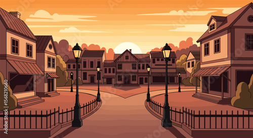 Charming Pixel Art Town Scene at Sunset with Old Fashioned Lampposts and Buildings
