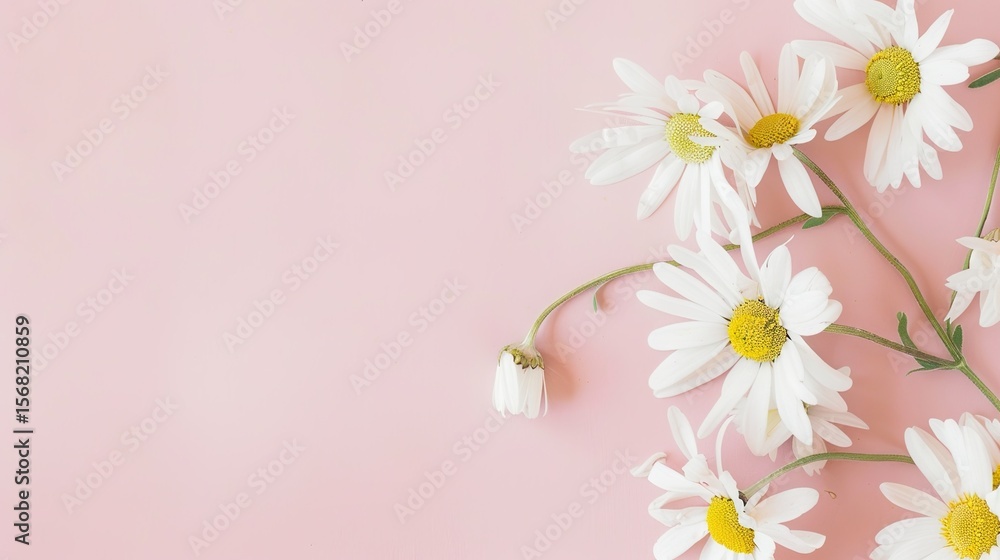 Fototapeta premium Minimalist White Daisy Chamomile on Pale Pink Background: Petal Contrast, Soft Aesthetic, and Floral Design Harmony