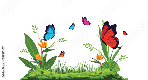 Beautiful Butterflies Flying Among Green Plants and Flowers on a Sunny Day with Transparent Background
