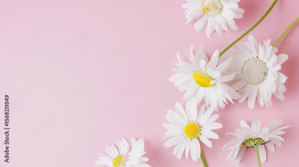 Fototapeta premium Minimalist White Daisy Chamomile on Pale Pink Background: Petal Contrast, Soft Aesthetic, and Floral Design Harmony